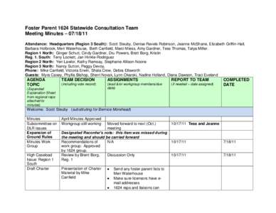 Foster Parent 1624 Statewide Consultation Team Meeting Minutes – [removed]Attendance: Headquarters (Region 3 South): Scott Steuby, Denise Revels Robinson, Jeanne McShane, Elizabeth Griffin-Hall, Barbara Holbrook, Meri 