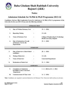 Baba Ghulam Shah Badshah University Rajouri (J&K) Notice Admission Schedule for M.Phil & Ph.D Programme[removed]Candidates who have filled Application Forms for Admission to M. Phil. & Ph. D. programmes of the University