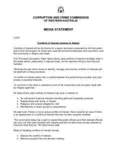 CORRUPTION AND CRIME COMMISSION OF WESTERN AUSTRALIA MEDIA STATEMENT[removed]Conflicts of interest seminar in Albany