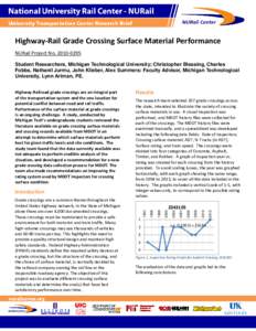 Highway-Rail Grade Crossing Surface Material Performance NURail Project NoStudent Researchers, Michigan Technological University; Christopher Blessing, Charles Fobbs, Nathanil Jurmu, John Klieber, Alex Summer