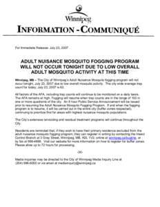 Microsoft Word - PSA - Adult Nuisance Mosquito Foggging Program Will Not Occur Tonight Due To Low Mosquito Activity At This Tim