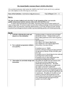 The Annual Quality Assurance Report (AQAR) of the IQAC All accredited institutions shall submit the AQAR to the NAAC by the end of every academic year with emphasis on the following key result areas Name of the Instituti