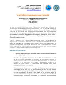 Union interparlementaire 128 Assemblée et Réunions connexes Quito (Equateur), 22 – 27 mars 2013 www.ipu2013ecuador.ec ème