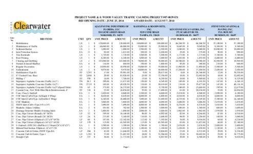 PROJECT NAME & #: WOOD VALLEY TRAFFIC CALMING PROJECT #[removed]EN BID OPENING DATE: JUNE 25, 2014 AWARD DATE: AUGUST 7, 2014 AJAX PAVING INDUSTRIES OF FLORIDA, LLC 510 GENE GREEN ROAD