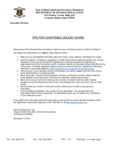 State of Rhode Island and Providence Plantations DEPARTMENT OF BUSINESS REGULATION 1511 Pontiac Avenue, BldgCranston, Rhode IslandSecurities Division