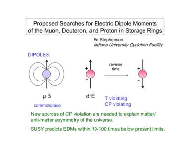 Proposed Searches for Electric Dipole Moments of the Muon, Deuteron, and Proton in Storage Rings Ed Stephenson Indiana University Cyclotron Facility