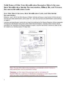 Valid Forms of Ohio Voter Identification Examples: Driver’s License, State Identification, Interim Documentation, Military IDs, and Veteran Document Identification Cards New Ohio Driver’s Licenses, State Identificati