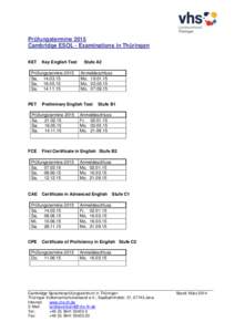 Prüfungstermine 2015 Cambridge ESOL - Examinations in Thüringen KET Key English Test