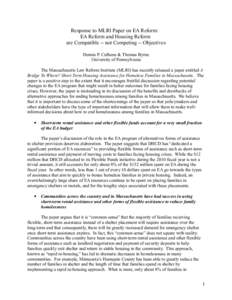 Response to MLRI Paper on EA Reform: EA Reform and Housing Reform are Compatible -- not Competing -- Objectives Dennis P. Culhane & Thomas Byrne University of Pennsylvania The Massachusetts Law Reform Institute (MLRI) ha