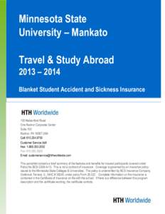 Minnesota State University – Mankato Travel & Study Abroad 2013 – 2014 Blanket Student Accident and Sickness Insurance