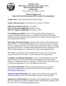 Alameda County Solid Waste Local Enforcement Agency (LEA) Report of Facility Information Public Notice Date of Notice: November 14, 2014 Notice of Change to the