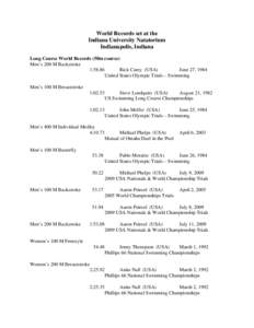 World Records set at the Indiana University Natatorium Indianapolis, Indiana Long Course World Records (50m course) Men’s 200 M Backstroke 1:58.86