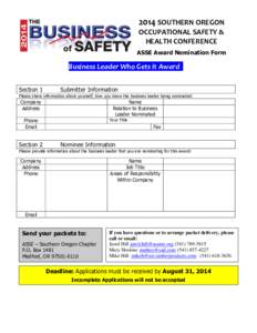 2014 SOUTHERN OREGON OCCUPATIONAL SAFETY & HEALTH CONFERENCE ASSE Award Nomination Form  Business Leader Who Gets It Award .