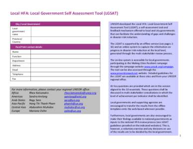 Local HFA: Local Government Self Assessment Tool (LGSAT) City / Local Government Local government name Province/
