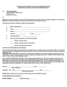 APPLICATION FOR PERMIT OF POULTRY EXEMPTION UNDER THE VIRGINIA MEAT AND POULTRY PRODUCTS INSPECTION ACT TO:  PROGRAM MANAGER