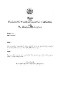 Decree of the President of the Transitional Islamic State of Afghanistan on the The Adoption of Electoral Law