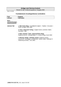 Anlage zum Kerncurriculum Module für den Vorbereitungsdienst, Ausgabe 2005 StandFachdidaktische Grundlagenliteratur (verbindlich) Fach