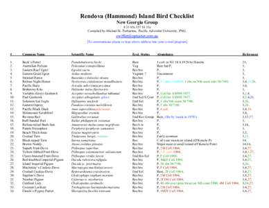 Rendova (Hammond) Island Bird Checklist New Georgia Group 8 33 03s31e Compiled by Michael K. Tarburton, Pacific Adventist University, PNG. [To communicate please re-type above address into your e-mail program]