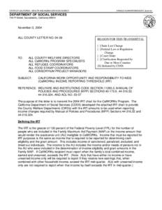 STATE OF CALIFORNIA - HEALTH AND HUMAN SERVICES AGENCY  ARNOLD SCHWARZENEGGER, Governor DEPARTMENT OF SOCIAL SERVICES 744 P Street, Sacramento, California 95814