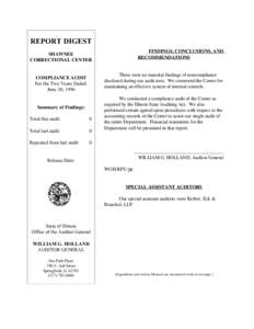 REPORT DIGEST FINDINGS, CONCLUSIONS, AND RECOMMENDATIONS SHAWNEE CORRECTIONAL CENTER