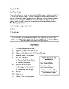 January 15, 2013 Dear Parish Family; I wish to formally invite you all to our Annual Parish Meeting on Sunday, January 27th at 11:00 am at the Hoosick Grange. There will be a pot-luck luncheon before the official meeting