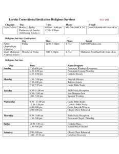 Lorain Correctional Institution Religious Services Chaplain Louis Pollard Day Monday – Friday