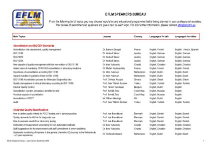 EFLM SPEAKERS BUREAU From the following list of topics you may choose topic/s for any educational programme that is being planned in your professional societies. The names of recommended speakers are given next to each t