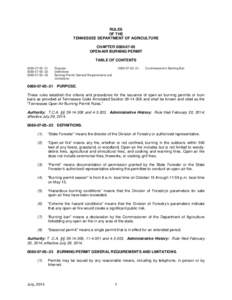 RULES OF THE TENNESSEE DEPARTMENT OF AGRICULTURE CHAPTER[removed]OPEN-AIR BURNING PERMIT TABLE OF CONTENTS