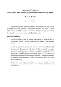 PROGRAM MANAGERIAL pentru ocuparea funcţiei de director al Departamentului de limba şi literatura română Facultatea de Litere  Universitatea din Craiova