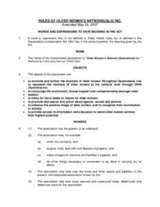 RULES OF OLDER WOMEN’S NETWORK(QLD) INC. Amended May 24, 2007 WORDS AND EXPRESSIONS TO HAVE MEANING IN THE ACT 1.  A word or expression that is not defined in these model rules, but is defined in the