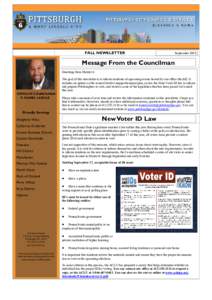 FALL NEWSLETTER  September 2012 Message From the Councilman Greetings from District 6: