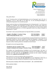 Sehr geehrte Eltern! In der Verordnung über die Durchschnittsbeiträge und den Eigenanteil nach § 96 Abs. 6 Schulgesetz vom 05. April 2005 ist die Höhe des von den Erziehungsberechtigten zu erbringenden Eigenanteils d