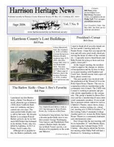 Published monthly by Harrison County Historical Society, PO Box 411, Cynthiana, KY, Vol. 7 No. 9 Sept 2006