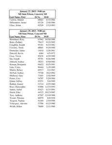 January 27, [removed]:00 am NH State Prison, Concord, NH ID No DOB Last Name, First Carlton, Jimmie