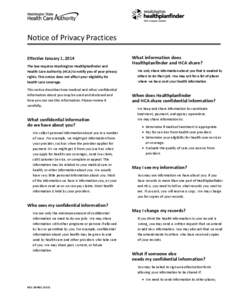 Notice of Privacy Practices Effective January 1, 2014 The law requires Washington Healthplanfinder and Health Care Authority (HCA) to notify you of your privacy rights. This notice does not affect your eligibility for he