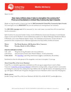 Media Advisory March 10, 2014 How many millions does it take to strengthen the community? Find out at Scotiabank & United Way Community Spirit Awards People are tying themselves in knots to get into the 2014 Scotiabank &