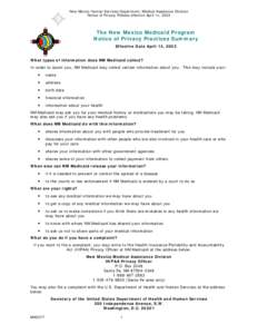 New Mexico Human Services Department, Medical Assistance Division Notice of Privacy Policies effective April 14, 2003 The New Mexico Medicaid Program Notice of Privacy Practices Summary Effective Date April 14, 2003