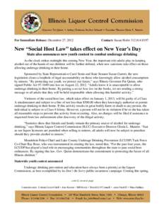 For Immediate Release: December 27, 2012  Contact: Susan Hofer[removed]New “Social Host Law” takes effect on New Year’s Day State also announces new youth contest to combat underage drinking
