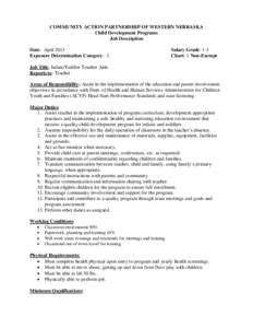 COMMUNITY ACTION PARTNERSHIP OF WESTERN NEBRASKA Child Development Programs Job Description Date: April 2013 Exposure Determination Category: 2