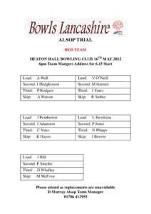 ALSOP TRIAL RED TEAM HEATON HALL BOWLING CLUB 16TH MAY 2012 6pm Team Mangers Address for 6.15 Start  Lead: