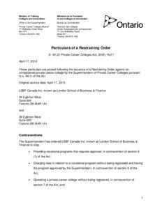 (LSBF Canada Inc. known as London School of Business & Finance) - Notice of Restraining Order under clause[removed]of the Private Career Colleges Act, 2005