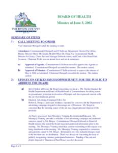 BOARD OF HEALTH Minutes of June 3, 2002 SUMMARY OF ITEMS 1)