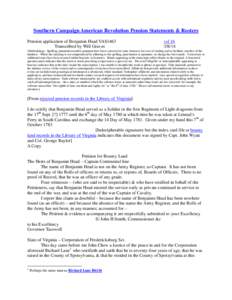 Southern Campaign American Revolution Pension Statements & Rosters Pension application of Benjamin Head VAS1463 Transcribed by Will Graves vsl[removed]
