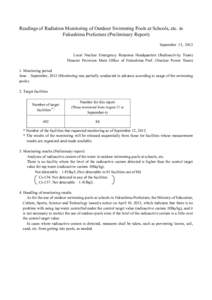 Readings of Radiation Monitoring of Outdoor Swimming Pools at Schools, etc. in Fukushima Prefecture (Preliminary Report) September 13, 2012 Local Nuclear Emergency Response Headquarters (Radioactivity Team) Disaster Prov