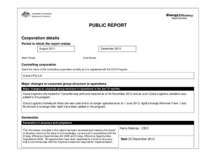 PUBLIC REPORT Corporation details Period to which the report relates August 2011 Start Period