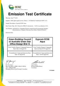 Emission Test Certificate Thursday, June 7th, 2012 Supplier: CSR Lightweight Systems (Trinity 3, 39 Delhi Rd, North Ryde NSWSample Description: Gyprock EC08 Aqua Date Tested: MayTested by FORAY Laboratories