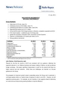 News Release 31 July, 2014 ROLLS-ROYCE HOLDINGS PLC 2014 HALF-YEAR RESULTS Group Highlights 