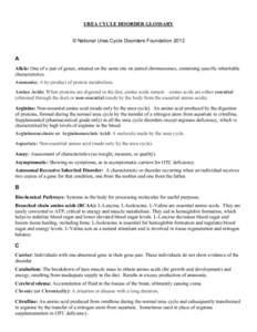 UREA CYCLE DISORDER GLOSSARY © National Urea Cycle Disorders Foundation 2013 A Allele: One of a pair of genes, situated on the same site on paired chromosomes, containing specific inheritable characteristics.