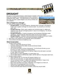 DROUGHT Drought is a natural phenomenon in which levels of rainfall or other types of precipitation are lower than average for an extended period of time, resulting in inadequate water supply. If droughts persist for lon