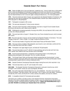 Seaside Beach Run History 1966: Ralph and Betty Davis, two local lifeguards, created the race. It was an eight-mile run that started at the Turnaround (Broadway & Promenade), proceeded south to the Cove (Avenue U & Prome